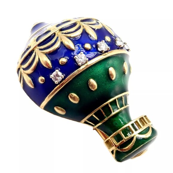 Authentic! Christian Dior 18k Yellow Gold Diamond Enamel Jules Verne Pin Brooch - Picture 15 of 16